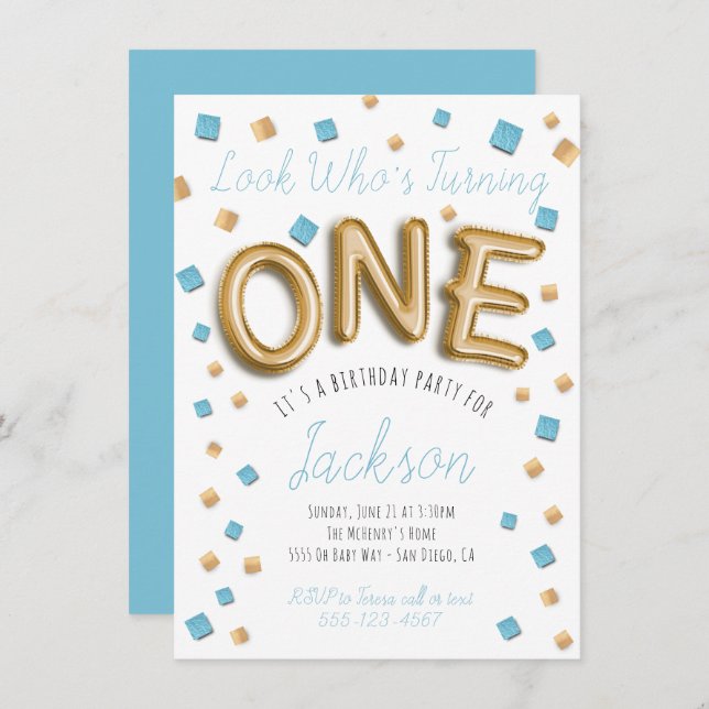 Modern Gold Foil Balloon 1st birthday Invitations (Front/Back)