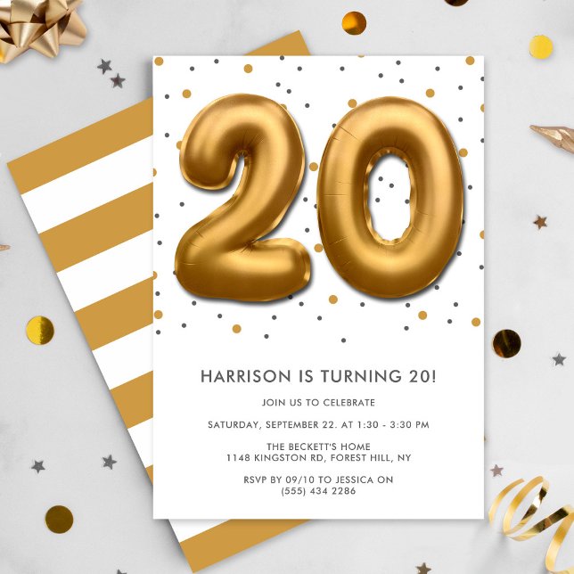 Modern Gold Foil Balloon 20th Birthday Invitation (Creator Uploaded)