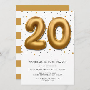 Modern Gold Foil Balloon 20th Birthday Invitation