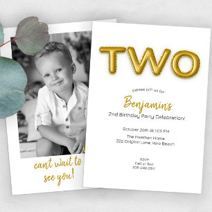 Modern Gold Foil Balloon 2nd Birthday Party Photo Invitation