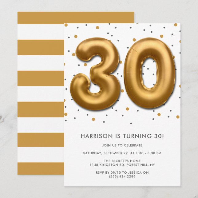 Modern Gold Foil Balloon 30th Birthday Invitation (Front/Back)