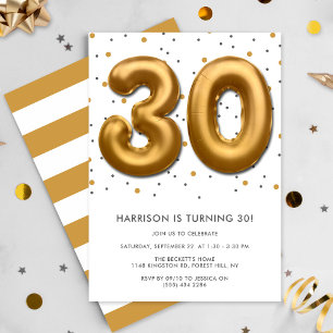 Modern Gold Foil Balloon 30th Birthday Invitation