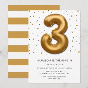 Modern Gold Foil Balloon 3rd Birthday Invitation