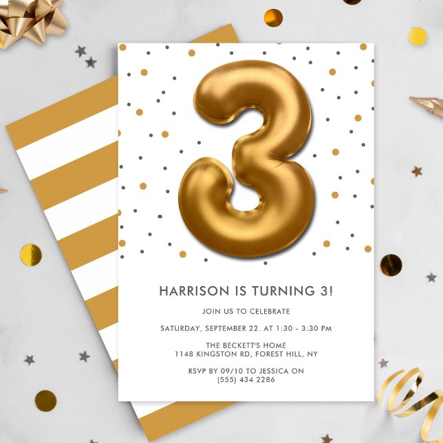 Modern Gold Foil Balloon 3rd Birthday Invitation (Creator Uploaded)