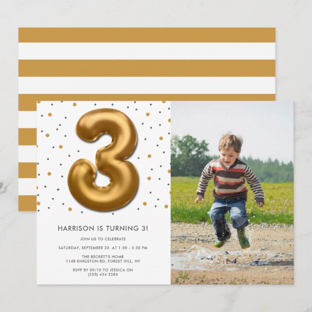 Modern Gold Foil Balloon 3rd Birthday Photo Invitation (Front/Back)
