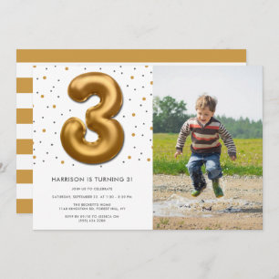 Modern Gold Foil Balloon 3rd Birthday Photo Invitation