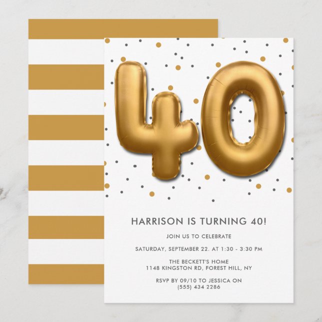 Modern Gold Foil Balloon 40th Birthday Invitation (Front/Back)