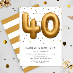 Modern Gold Foil Balloon 40th Birthday Invitation