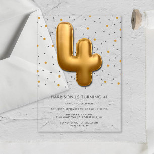 Modern Gold Foil Balloon 4th Birthday Acrylic Invitations