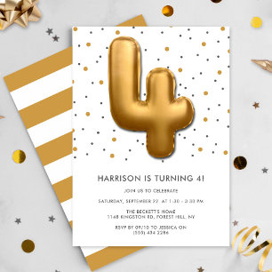 Modern Gold Foil Balloon 4th Birthday Invitation