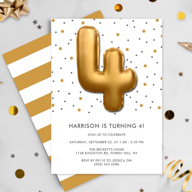 Modern Gold Foil Balloon 4th Birthday Invitation (Creator Uploaded)