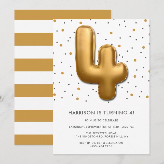 Modern Gold Foil Balloon 4th Birthday Invitation (Front/Back)
