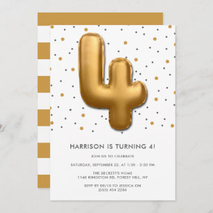 Modern Gold Foil Balloon 4th Birthday Invitation