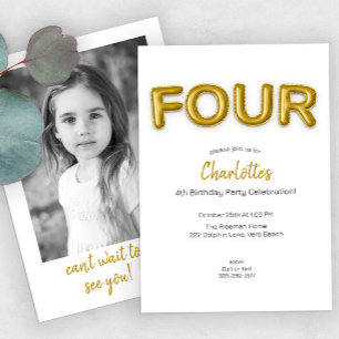 Modern Gold Foil Balloon 4th Birthday Party Photo Invitation