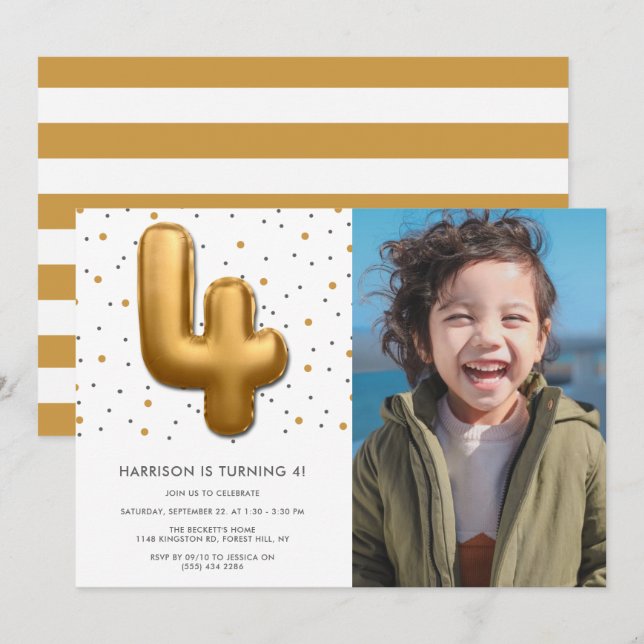 Modern Gold Foil Balloon 4th Birthday Photo Invitation (Front/Back)
