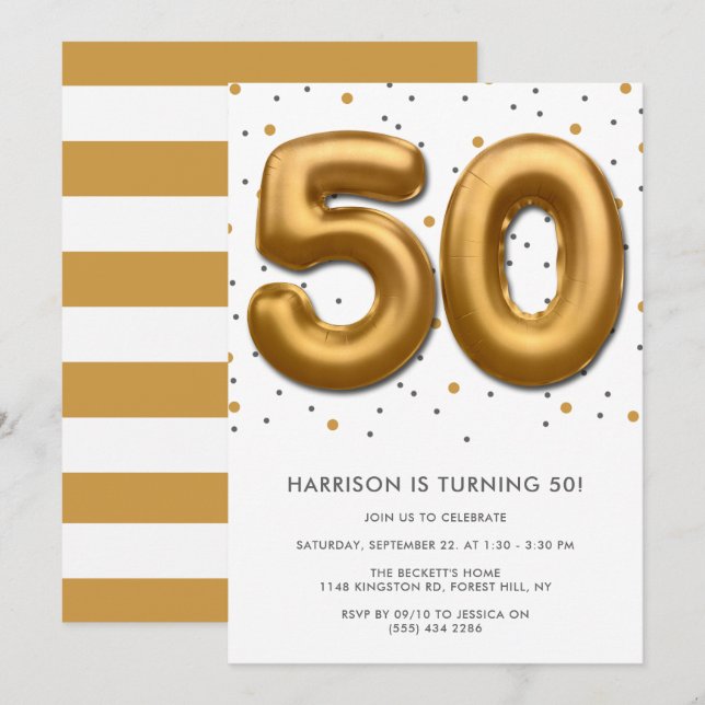 Modern Gold Foil Balloon 50th Birthday Invitation (Front/Back)