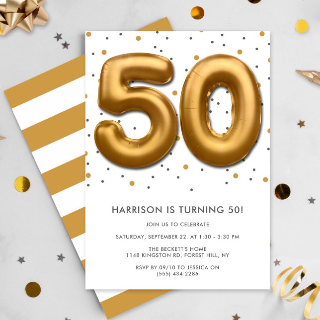 Modern Gold Foil Balloon 50th Birthday Invitation (Creator Uploaded)