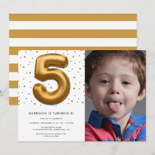 Modern Gold Foil Balloon 5th Birthday Photo Invitation