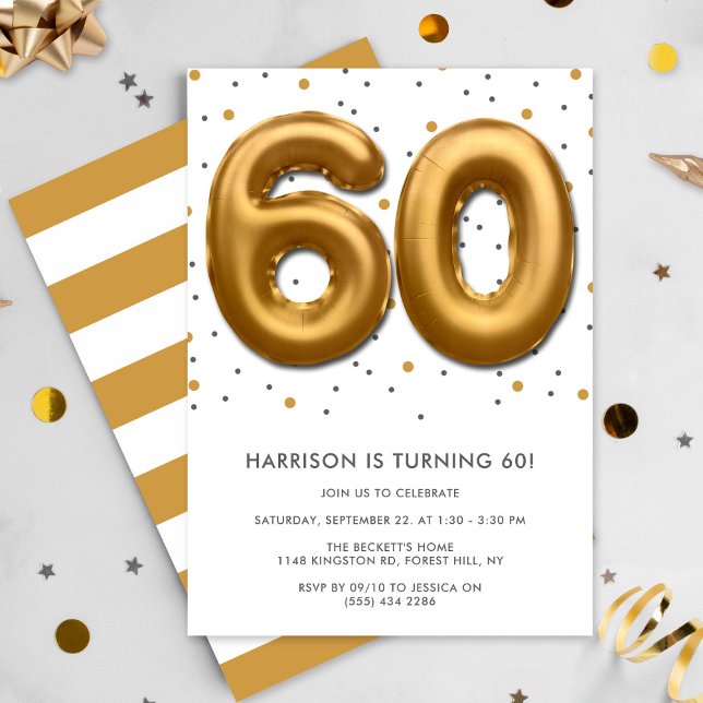 Modern Gold Foil Balloon 60th Birthday Invitation (Creator Uploaded)