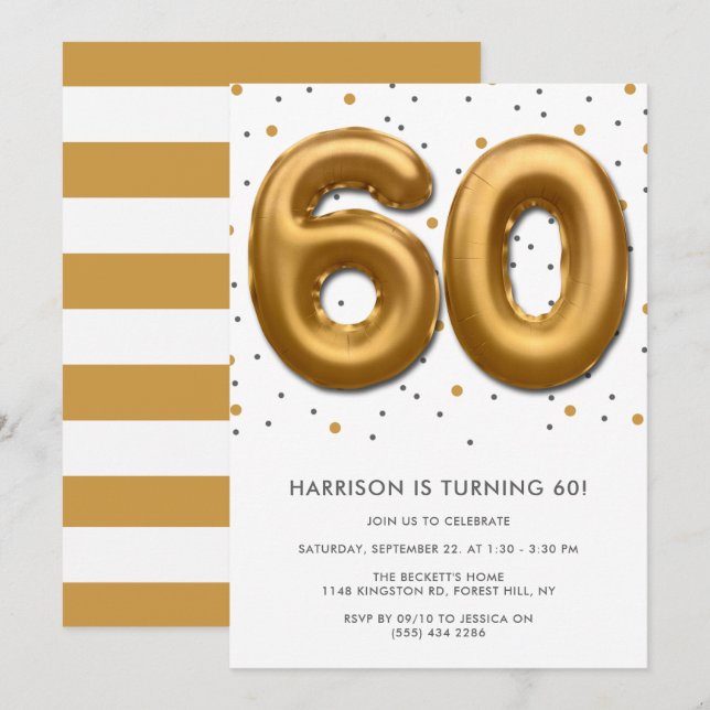 Modern Gold Foil Balloon 60th Birthday Invitation (Front/Back)