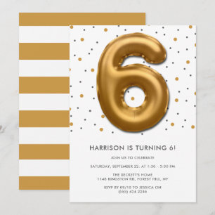 Modern Gold Foil Balloon 6th Birthday Invitation