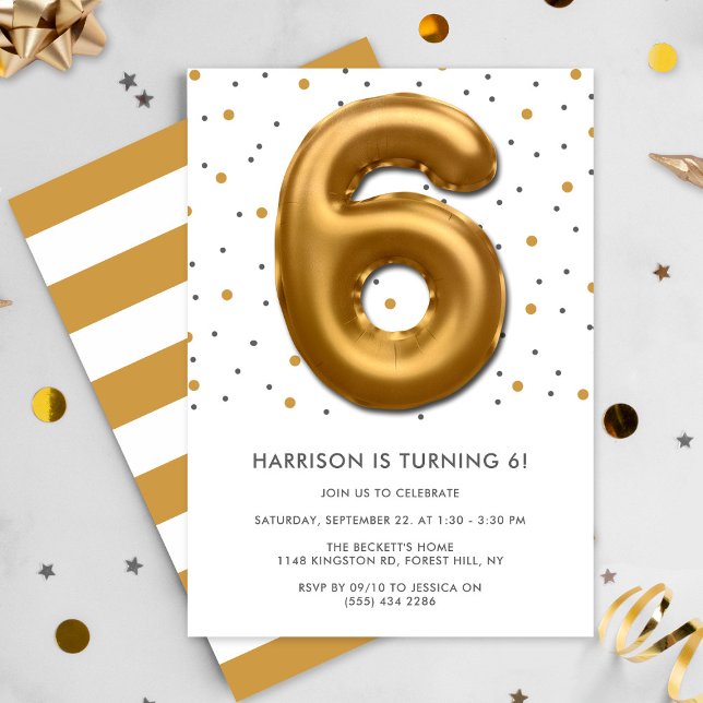Modern Gold Foil Balloon 6th Birthday Invitation (Creator Uploaded)