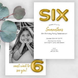 Modern Gold Foil Balloon 6th Birthday Party Photo  Invitation