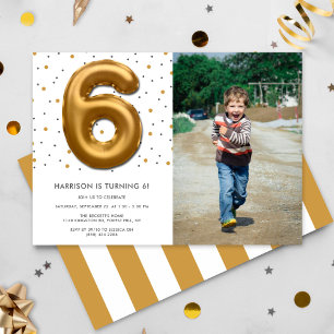 Modern Gold Foil Balloon 6th Birthday Photo Invitation