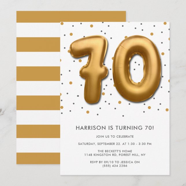 Modern Gold Foil Balloon 70th Birthday Invitation (Front/Back)