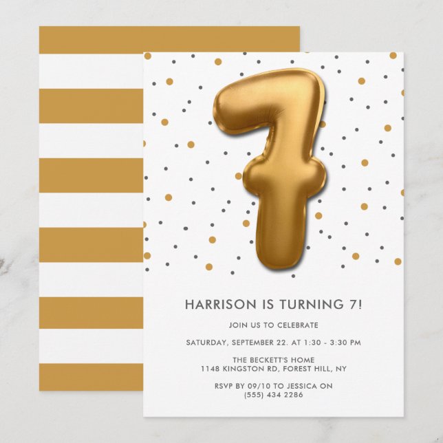 Modern Gold Foil Balloon 7th Birthday Invitation (Front/Back)