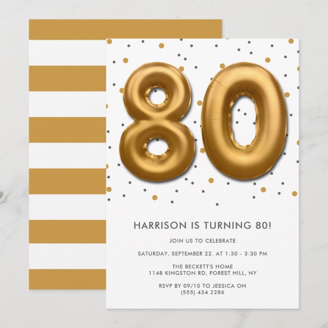 Modern Gold Foil Balloon 80th Birthday Invitation (Front/Back)