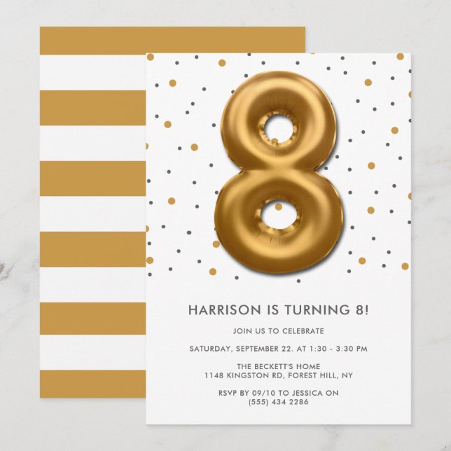 Modern Gold Foil Balloon 8th Birthday Invitation (Front/Back)