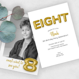 Modern Gold Foil Balloon 8th Birthday Party Photo  Invitation