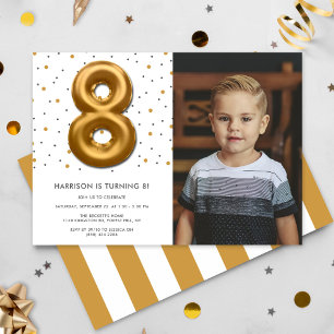 Modern Gold Foil Balloon 8th Birthday Photo Invitation
