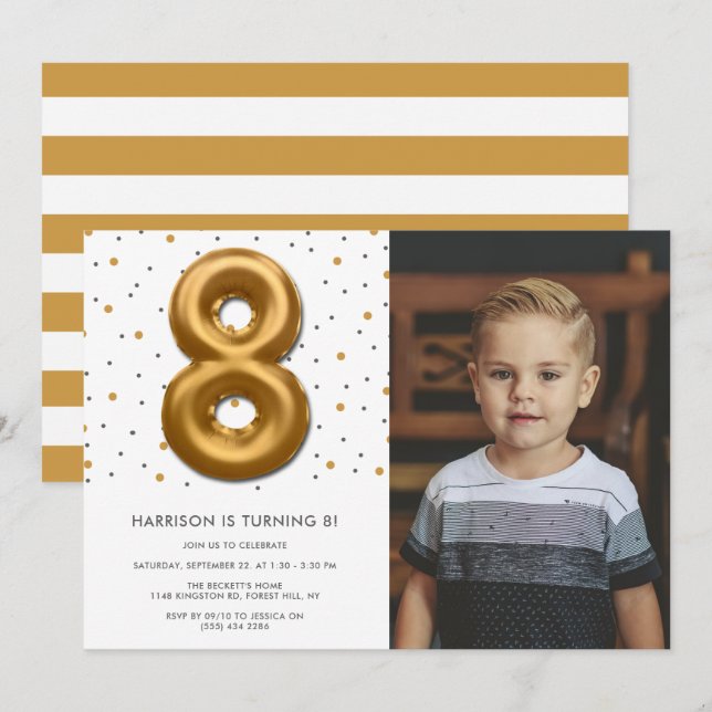Modern Gold Foil Balloon 8th Birthday Photo Invitation (Front/Back)