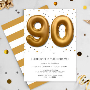 Modern Gold Foil Balloon 90th Birthday Invitation