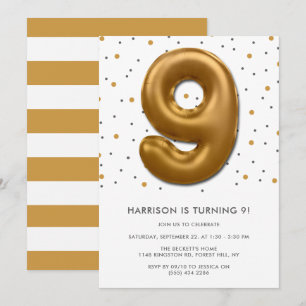 Modern Gold Foil Balloon 9th Birthday Invitation