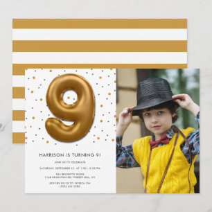 Modern Gold Foil Balloon 9th Birthday Photo Invitation
