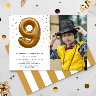 Modern Gold Foil Balloon 9th Birthday Photo Invitation