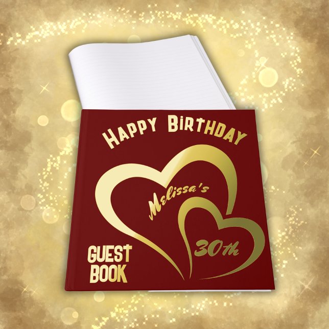 Modern Gold Foil Birthday on Maroon - Monogram | Guest Book (Creator Uploaded)