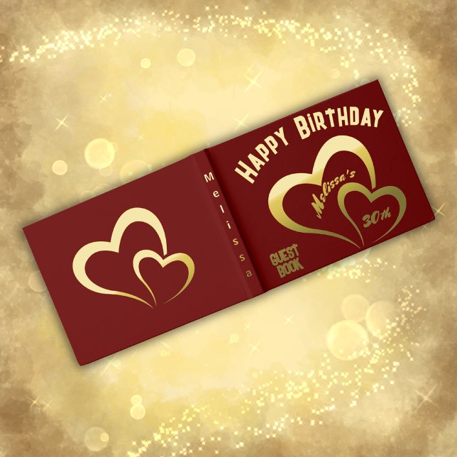 Modern Gold Foil Birthday on Maroon Monogram Small Guest Book (Creator Uploaded)
