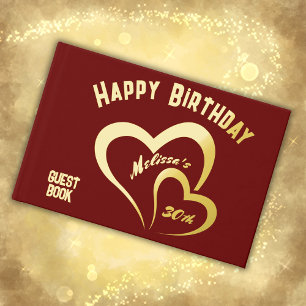 Modern Gold Foil Birthday on Maroon Rec Monogram Guest Book