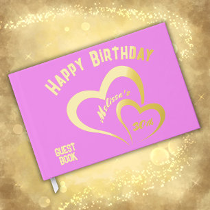 Modern Gold Foil Birthday on Pink Rect. Monogram Guest Book