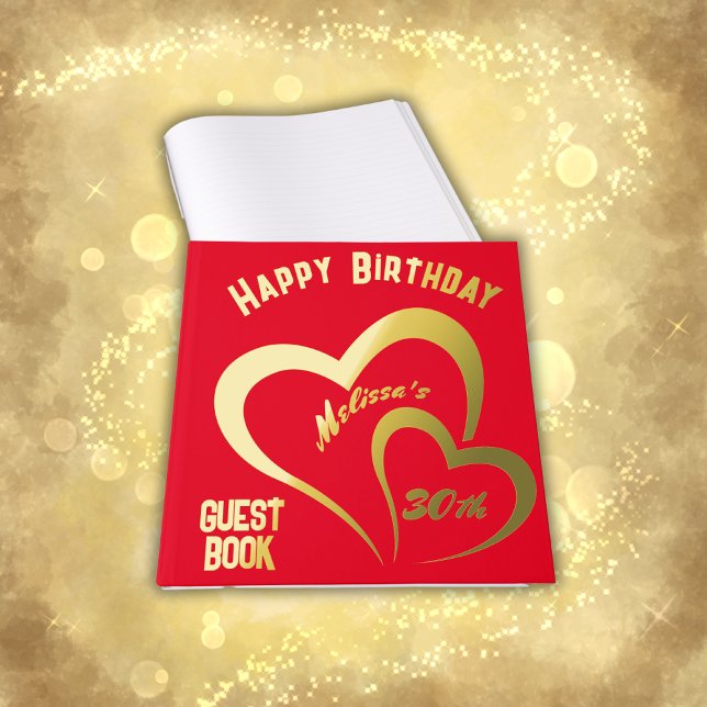 Modern Gold Foil Birthday on Red - Monogram | Guest Book (Creator Uploaded)