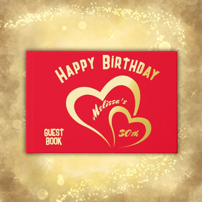 Modern Gold Foil Birthday on Red Monogram Small Guest Book (Creator Uploaded)