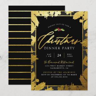 Modern Gold Foil & Black Christmas Dinner Party Invitation