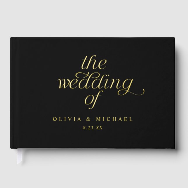 Modern Gold Foil Black Wedding Guest Book (Front)