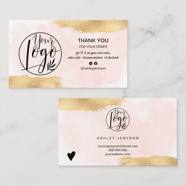 Modern gold foil brush pink logo order thank you business card (Front/Back)