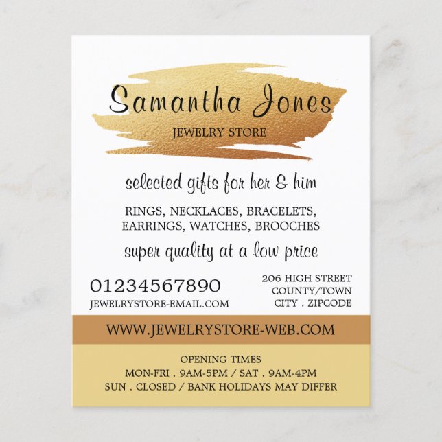 Modern Gold Foil Brushstroke, Jewellery Store Flyer (Front)
