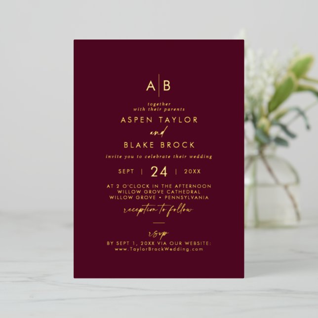 Modern Gold Foil Burgundy Monogram RSVP Wedding (Standing Front)